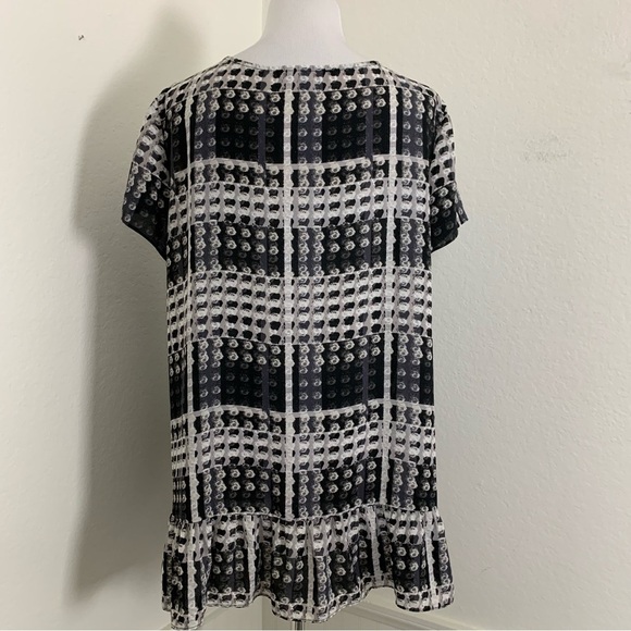 Thakoon Semi Sheer Short Sleeve Geometric Ruffle Hem Top XL Black White Gray - Picture 9 of 13